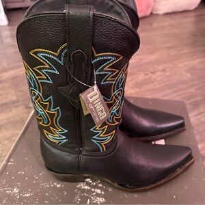 Dingo Black Cowboy Boots with Blue and Yellow Embroidery